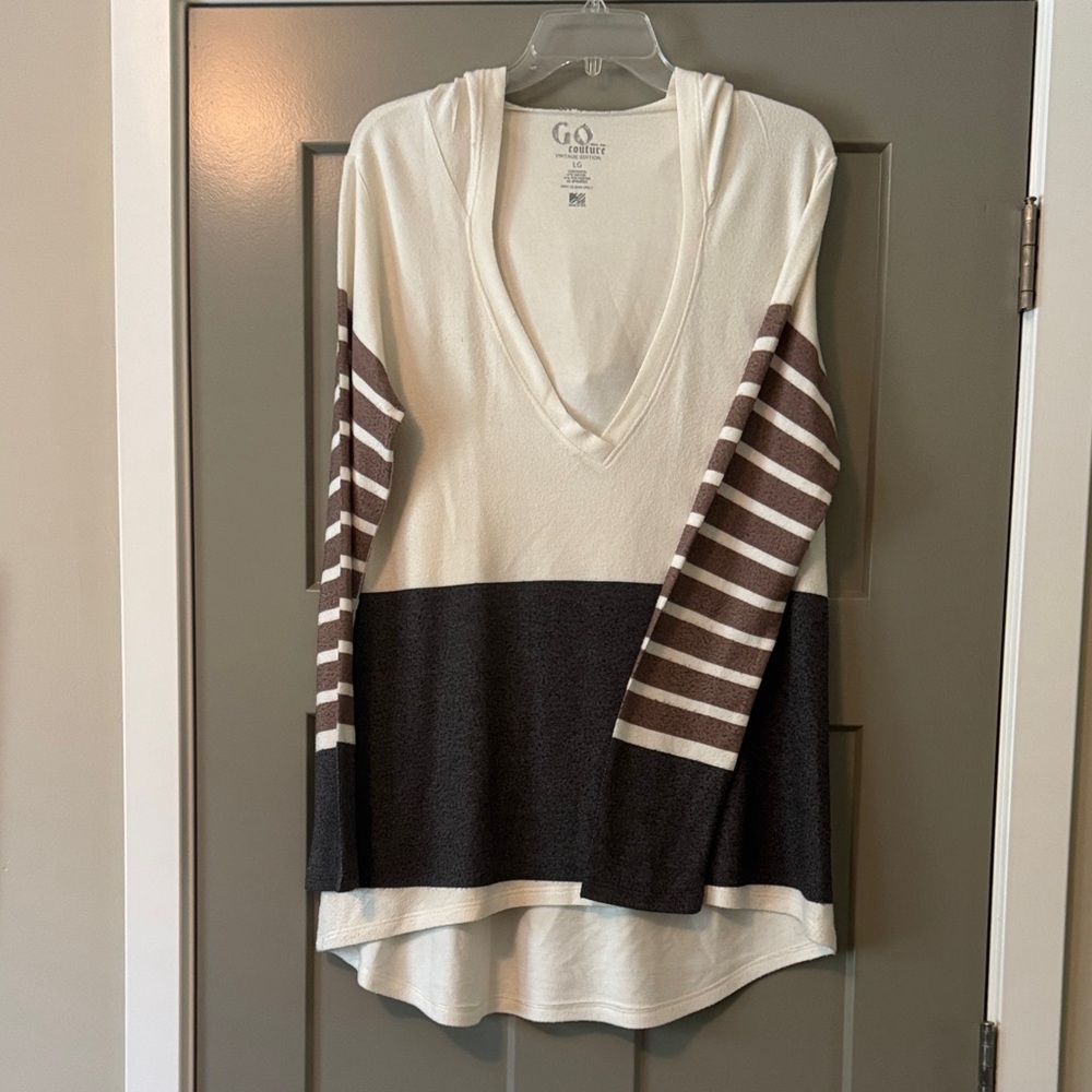 Go Couture V-Neck Striped Hoodie - Cream, Brown, and Black